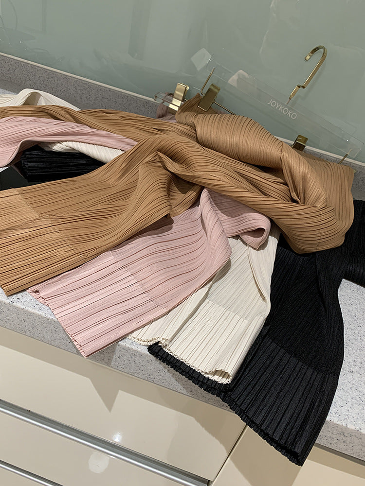 Miyake 2026 Straight-Leg Fashion High-Waisted Pocketed Cropped Pants with Elastic Waistband, Stretchy Pleated Slimming Cigarette Pants for Women