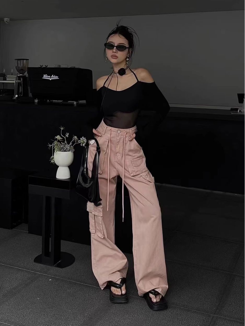 American Retro Drawstring Cargo Pants for Women, 2026 Spring and Autumn Versatile High-Waisted Wide-Leg Straight Long Pants, Workwear Style Trend