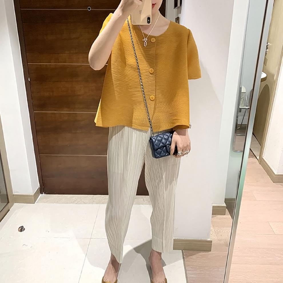 Miyake 2026 Straight-Leg Fashion High-Waisted Pocketed Cropped Pants with Elastic Waistband, Stretchy Pleated Slimming Cigarette Pants for Women