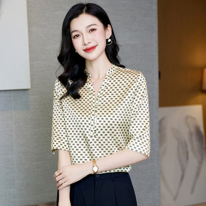 Short-Sleeved Silk Mid-Sleeve Shirt for Women, New V-Neck Elegant Office Wear, Japanese and Korean Casual Mulberry Silk Shirt