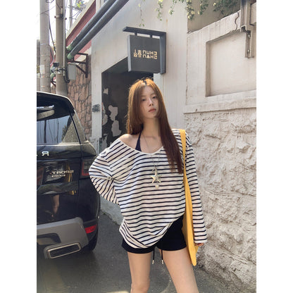 Red Celebrity Sun Protection Blouse Women's Summer Ootd Wear 2025 New Long-Sleeved T-Shirt Loose Stripesd Slanted Shoulder Top