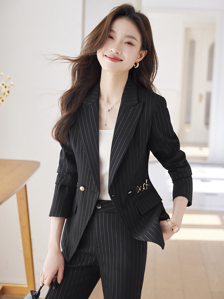 Cross-Border Spring and Autumn Striped Business Suit for Women, Blazer with Flared Pants, Slim Fit Waist-Cinching Workwear for Office and Hotel Reception