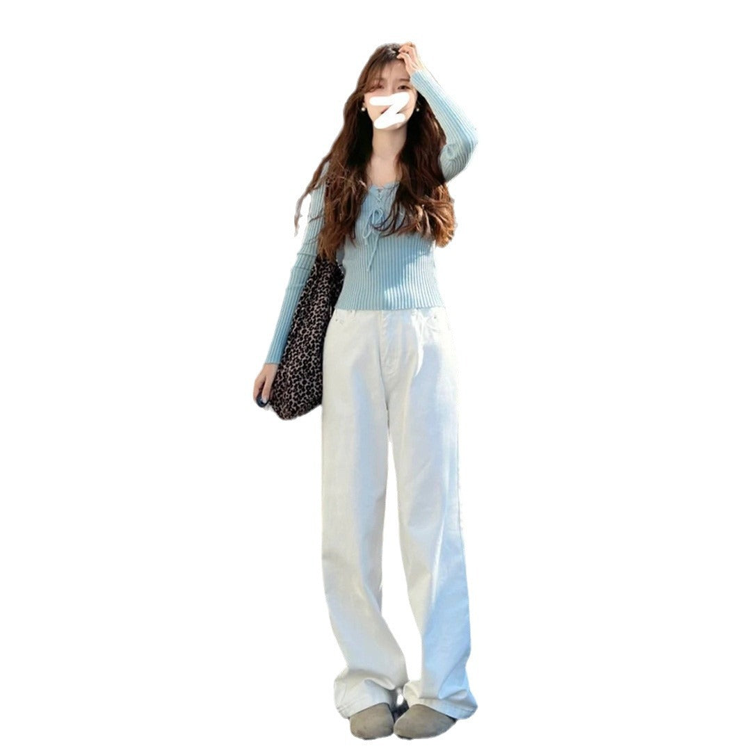 White Wide-Leg Jeans for Women, 2025 Spring New High-Waisted Loose Versatile Slimming Drape Straight-Leg Floor-Length Pants