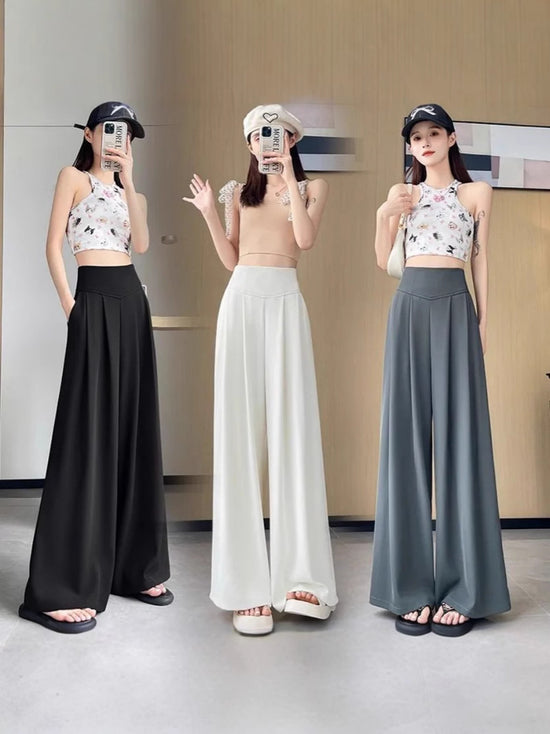 2025 Summer New High-Waisted Straight Wide-Leg Pants for Women, Stylish Versatile Slimming Floor-Length Pants Cross-Border