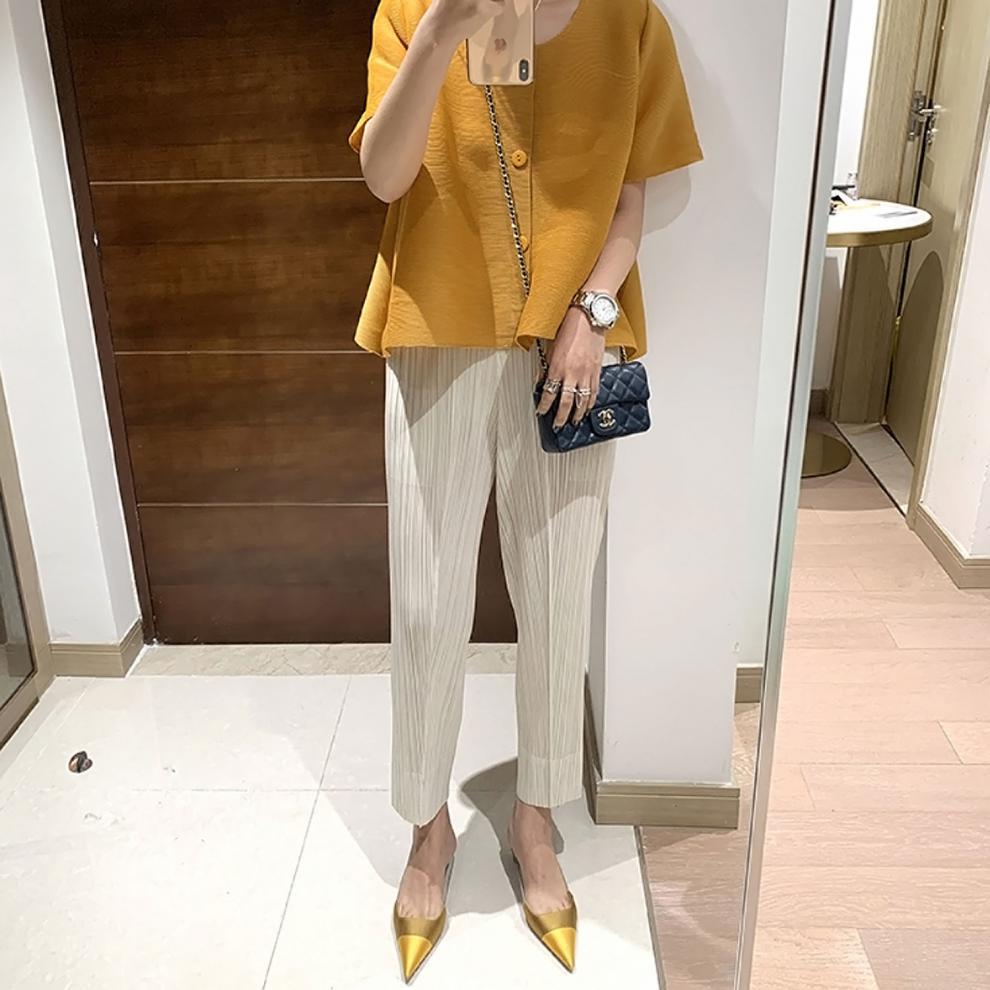 Miyake 2026 Straight-Leg Fashion High-Waisted Pocketed Cropped Pants with Elastic Waistband, Stretchy Pleated Slimming Cigarette Pants for Women