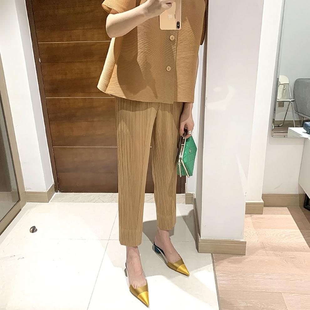 Miyake 2026 Straight-Leg Fashion High-Waisted Pocketed Cropped Pants with Elastic Waistband, Stretchy Pleated Slimming Cigarette Pants for Women