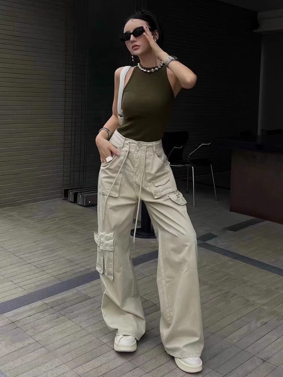 American Retro Drawstring Cargo Pants for Women, 2026 Spring and Autumn Versatile High-Waisted Wide-Leg Straight Long Pants, Workwear Style Trend