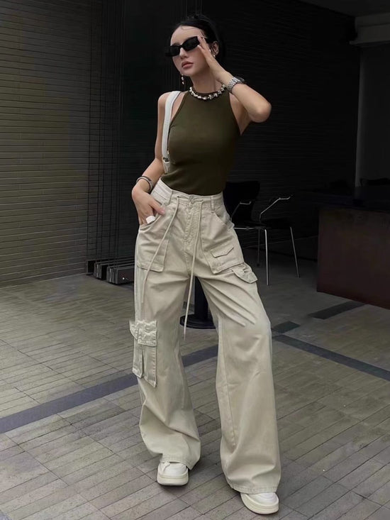 American Retro Drawstring Cargo Pants for Women, 2026 Spring and Autumn Versatile High-Waisted Wide-Leg Straight Long Pants, Workwear Style Trend