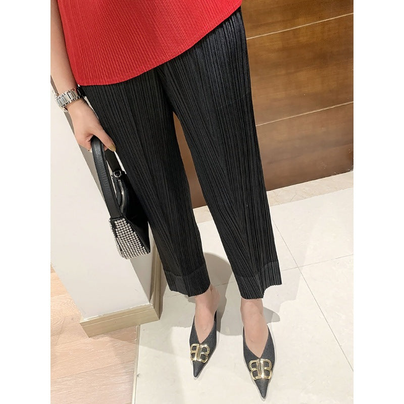 Miyake 2026 Straight-Leg Fashion High-Waisted Pocketed Cropped Pants with Elastic Waistband, Stretchy Pleated Slimming Cigarette Pants for Women