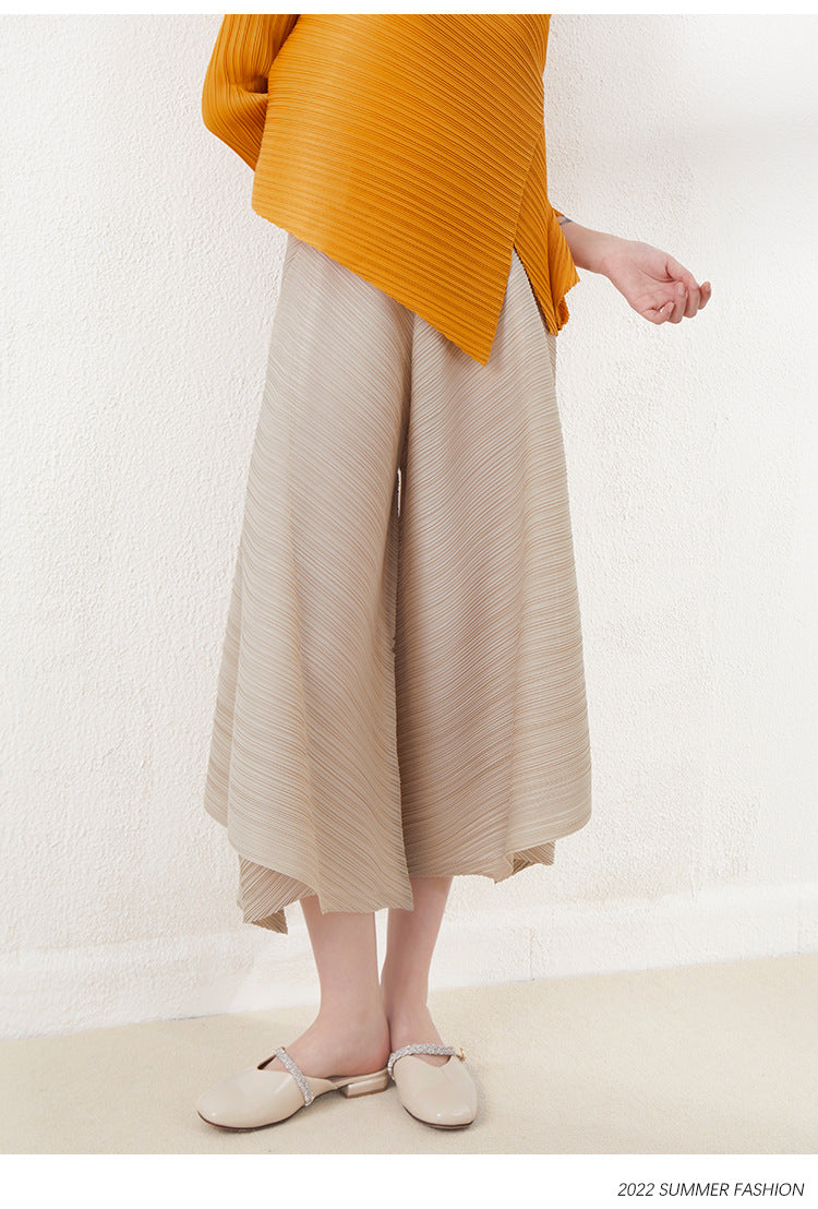 Miyake-Style Pleated Wide-Leg Pants for Women, High-Waisted, Drapey, Slimming, Casual, Versatile, Loose, Plus-Size, Cropped, Leg-Lengthening