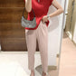 Miyake 2026 Straight-Leg Fashion High-Waisted Pocketed Cropped Pants with Elastic Waistband, Stretchy Pleated Slimming Cigarette Pants for Women