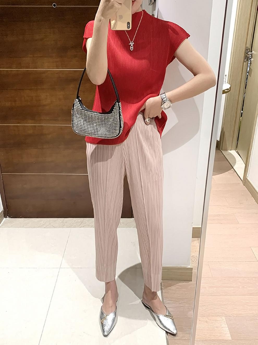 Miyake 2026 Straight-Leg Fashion High-Waisted Pocketed Cropped Pants with Elastic Waistband, Stretchy Pleated Slimming Cigarette Pants for Women