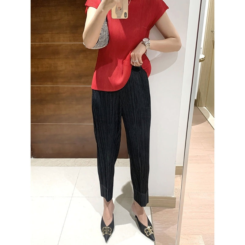 Miyake 2026 Straight-Leg Fashion High-Waisted Pocketed Cropped Pants with Elastic Waistband, Stretchy Pleated Slimming Cigarette Pants for Women