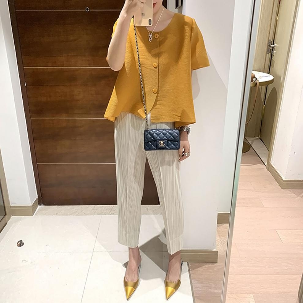 Miyake 2026 Straight-Leg Fashion High-Waisted Pocketed Cropped Pants with Elastic Waistband, Stretchy Pleated Slimming Cigarette Pants for Women