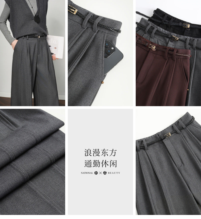 Authentic Wool Wide-Leg Pants for Women 25 New High-Waisted Slimming Tummy-Covering Straight-Leg Pants Women's Vertical Casual Pants