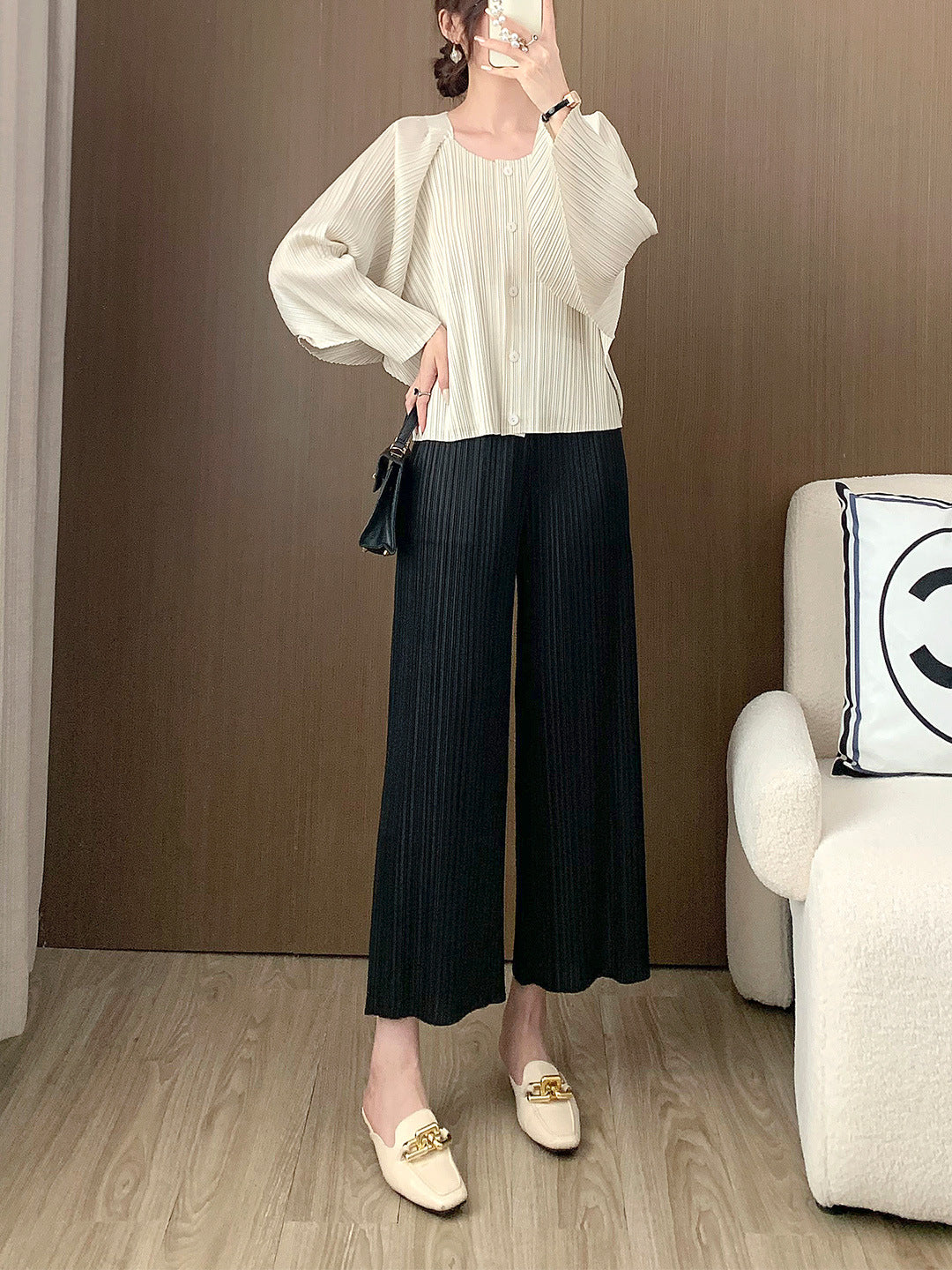 Miyake Wide-leg Pants Women's High-waist Pendant Pleated Pants Women's Loosening Waist Cropped Pants Black All-match Casual Pants