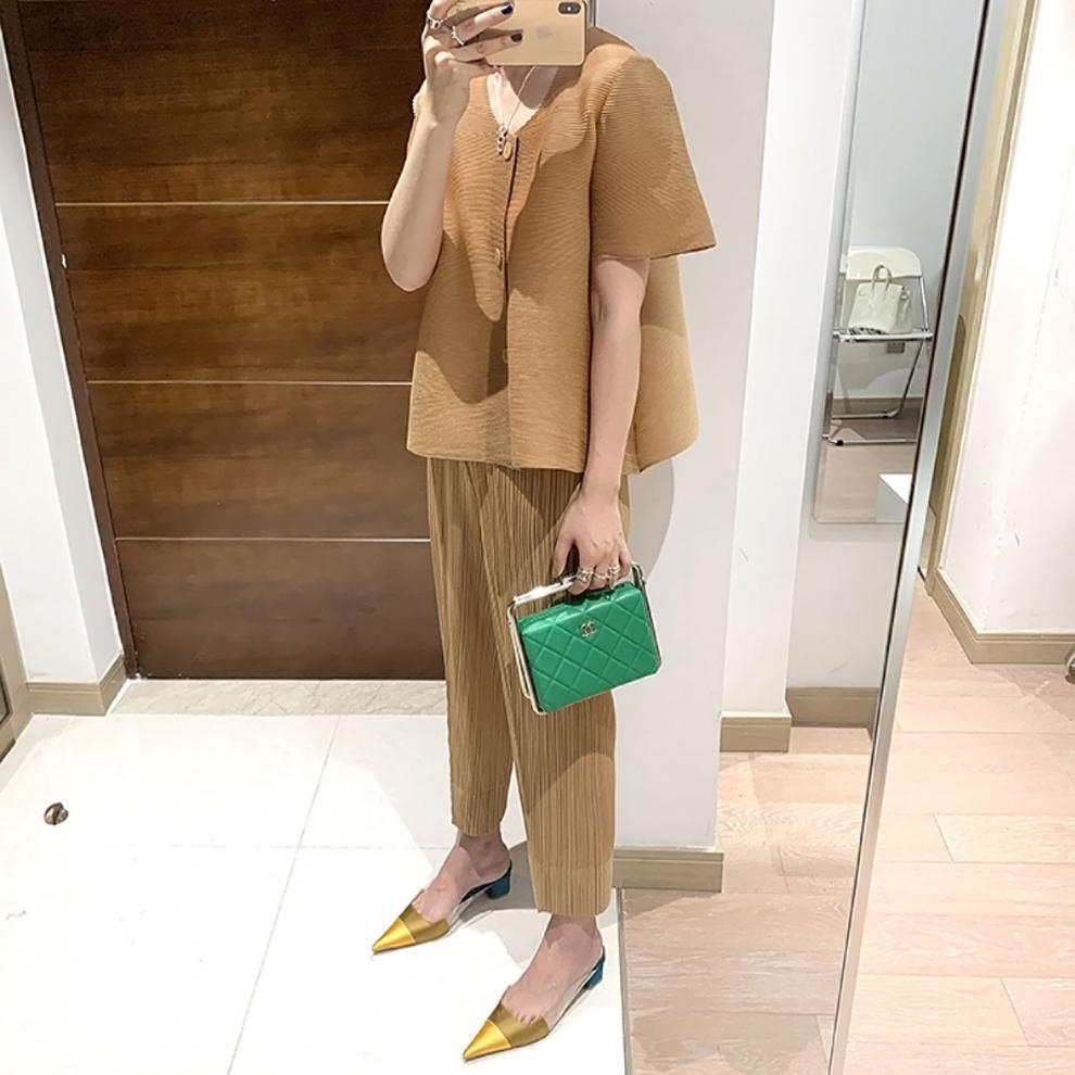 Miyake 2026 Straight-Leg Fashion High-Waisted Pocketed Cropped Pants with Elastic Waistband, Stretchy Pleated Slimming Cigarette Pants for Women