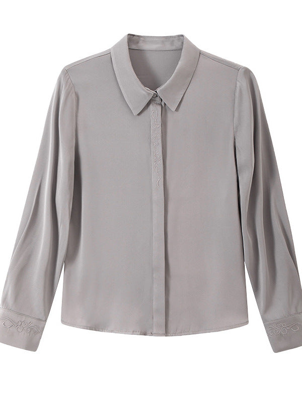 2026 Spring and Autumn Women's Silk Shirt, Solid Color, Turn-Down Collar, Long Sleeve, Real Silk Blouse, Office Professional Top