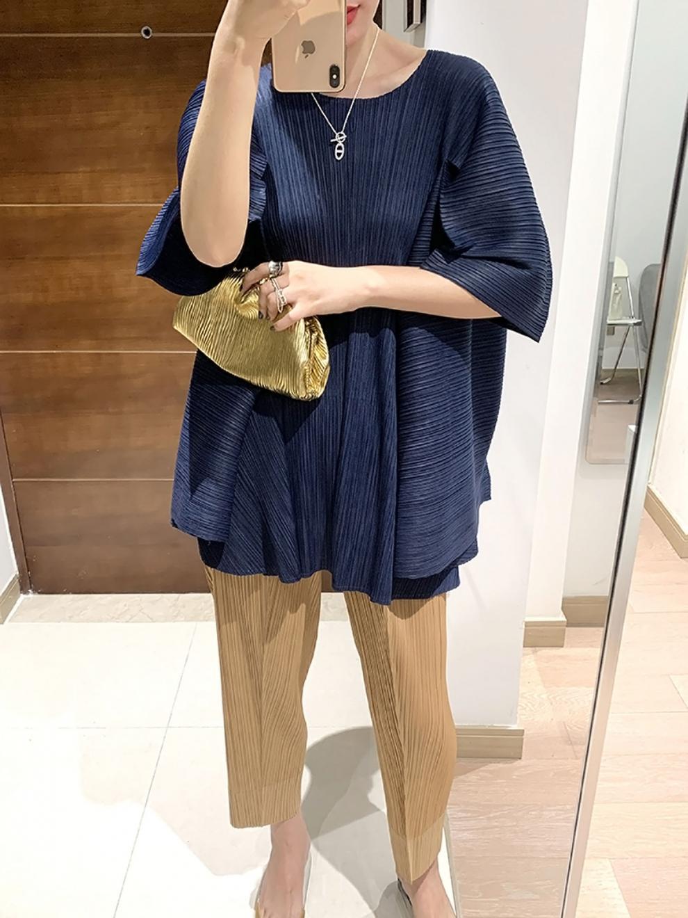 Miyake 2026 Straight-Leg Fashion High-Waisted Pocketed Cropped Pants with Elastic Waistband, Stretchy Pleated Slimming Cigarette Pants for Women