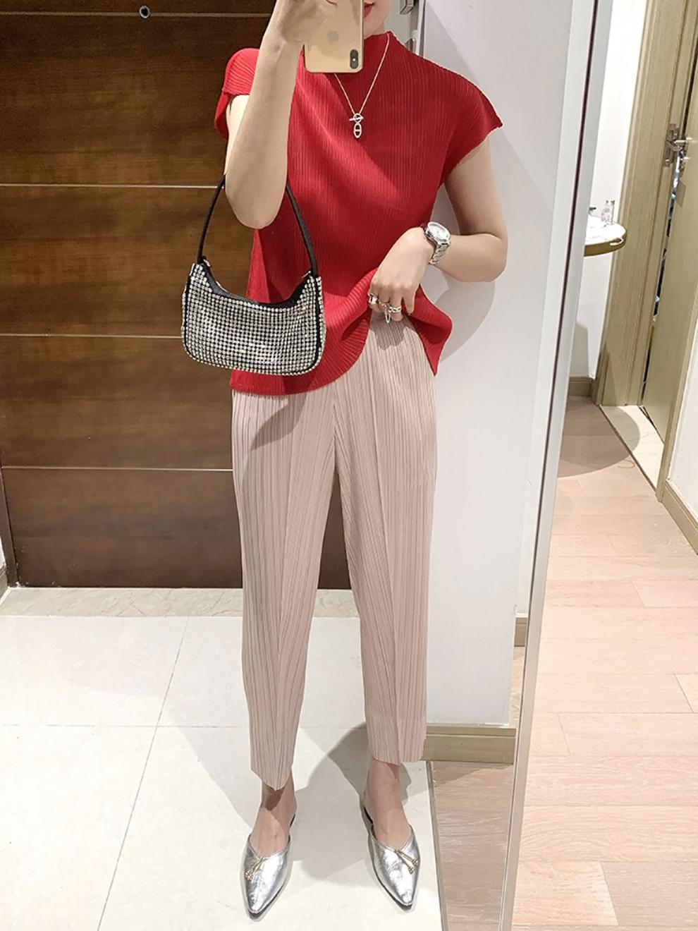 Miyake 2026 Straight-Leg Fashion High-Waisted Pocketed Cropped Pants with Elastic Waistband, Stretchy Pleated Slimming Cigarette Pants for Women