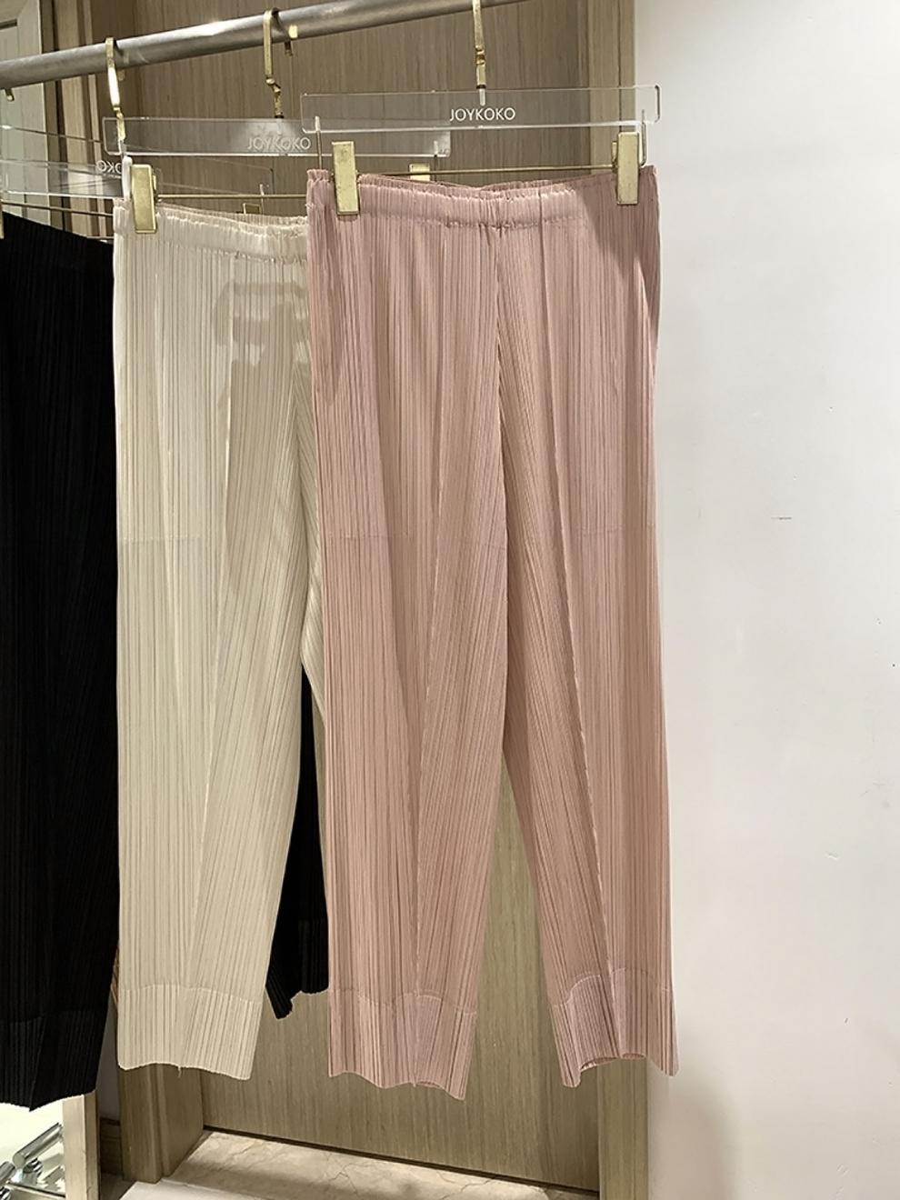 Miyake 2026 Straight-Leg Fashion High-Waisted Pocketed Cropped Pants with Elastic Waistband, Stretchy Pleated Slimming Cigarette Pants for Women