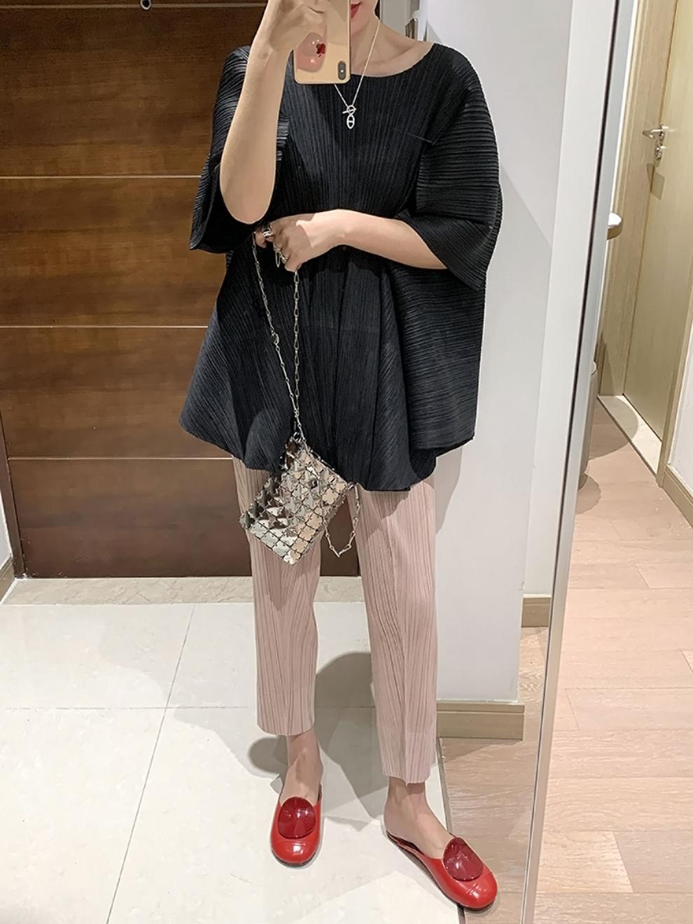 Miyake 2026 Straight-Leg Fashion High-Waisted Pocketed Cropped Pants with Elastic Waistband, Stretchy Pleated Slimming Cigarette Pants for Women