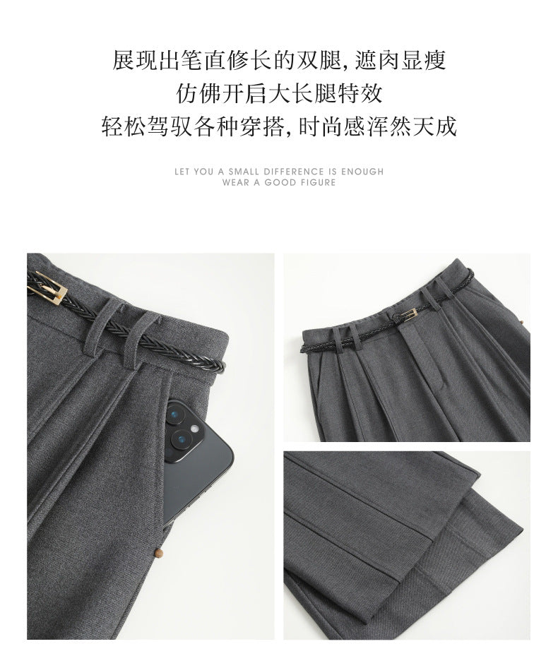 Authentic Wool Wide-Leg Pants for Women 25 New High-Waisted Slimming Tummy-Covering Straight-Leg Pants Women's Vertical Casual Pants