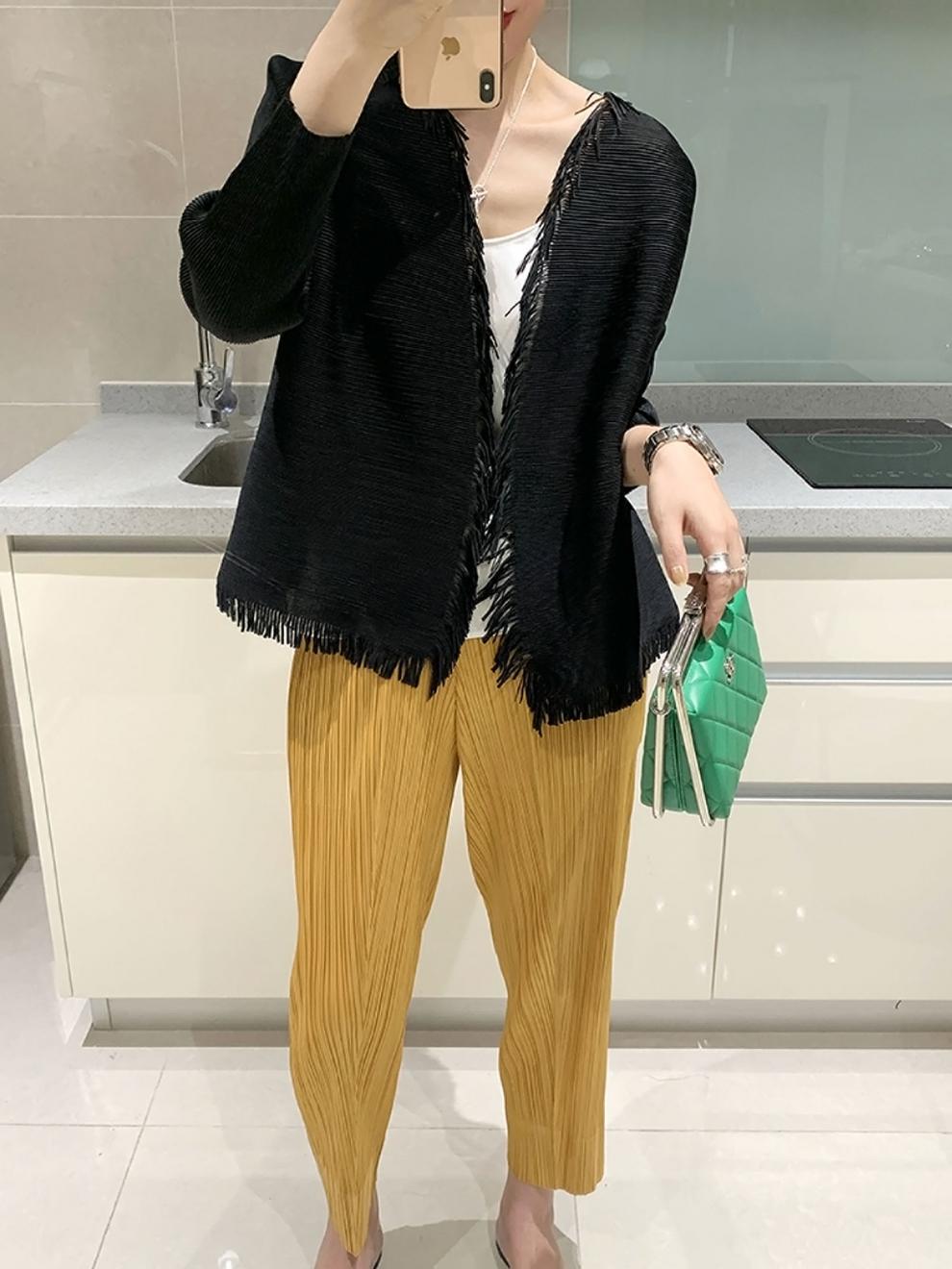 Miyake 2026 Straight-Leg Fashion High-Waisted Pocketed Cropped Pants with Elastic Waistband, Stretchy Pleated Slimming Cigarette Pants for Women