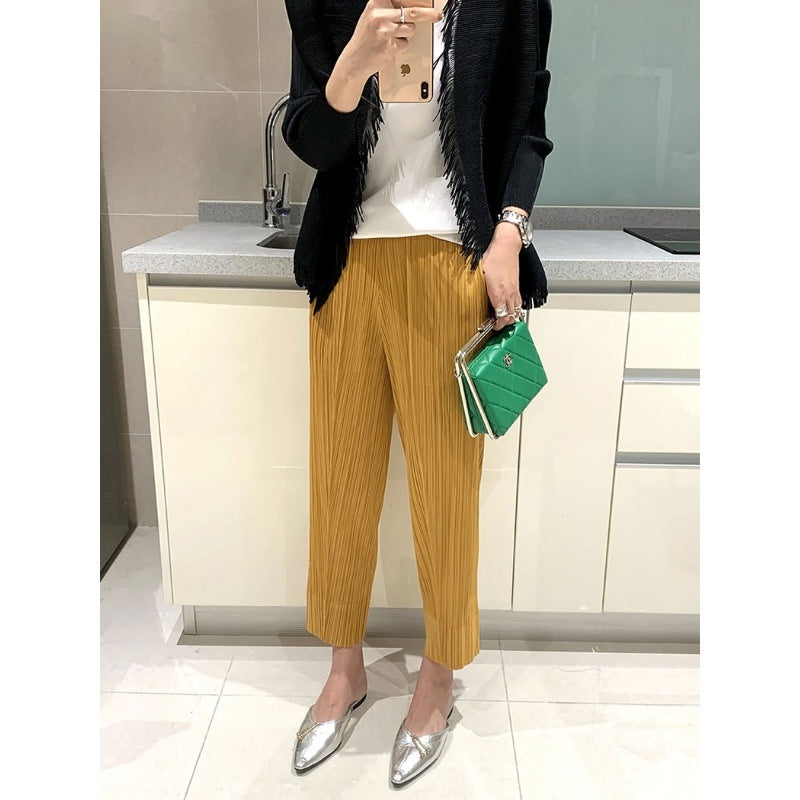Miyake 2026 Straight-Leg Fashion High-Waisted Pocketed Cropped Pants with Elastic Waistband, Stretchy Pleated Slimming Cigarette Pants for Women