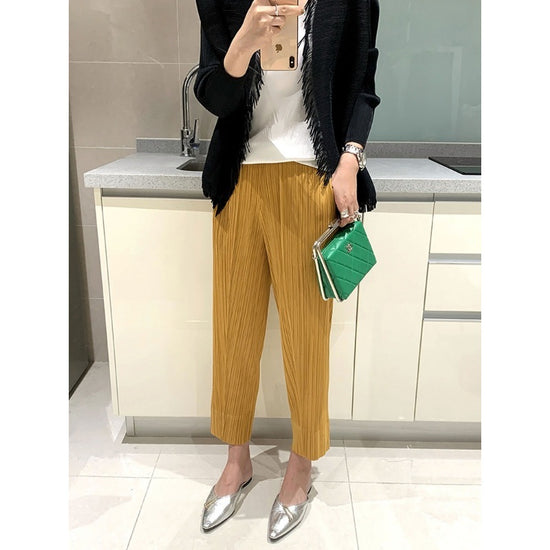 Miyake 2026 Straight-Leg Fashion High-Waisted Pocketed Cropped Pants with Elastic Waistband, Stretchy Pleated Slimming Cigarette Pants for Women