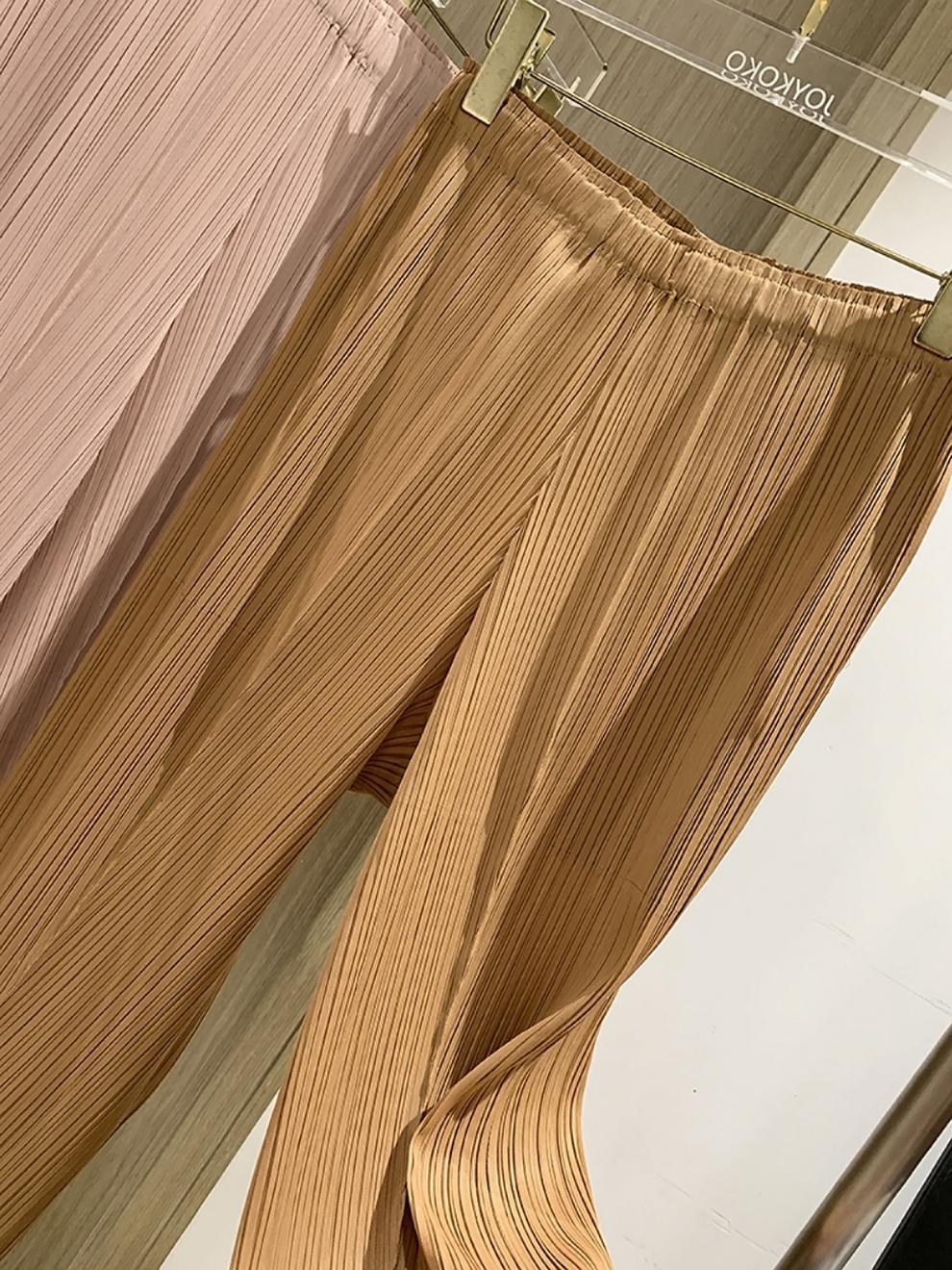 Miyake 2026 Straight-Leg Fashion High-Waisted Pocketed Cropped Pants with Elastic Waistband, Stretchy Pleated Slimming Cigarette Pants for Women