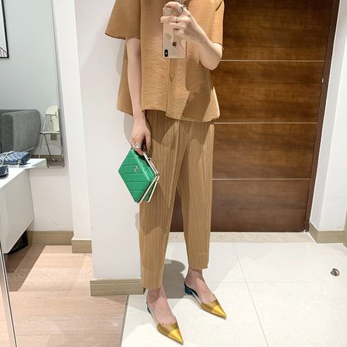 Miyake 2026 Straight-Leg Fashion High-Waisted Pocketed Cropped Pants with Elastic Waistband, Stretchy Pleated Slimming Cigarette Pants for Women