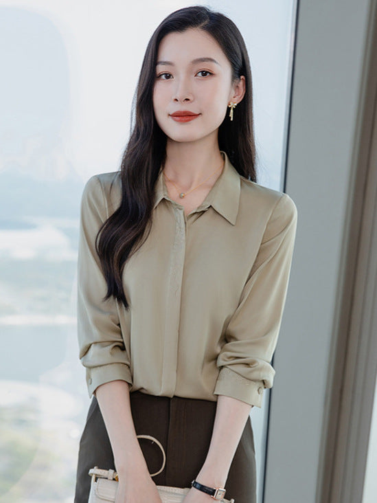 2026 Spring and Autumn Women's Silk Shirt, Solid Color, Turn-Down Collar, Long Sleeve, Real Silk Blouse, Office Professional Top