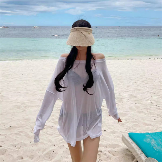 Beach Blouse Long-sleeved T-shirt Women's Spring and Autumn New Niche Seaside Vacation Outer Blouse Slightly Transparent All-match Top for Women